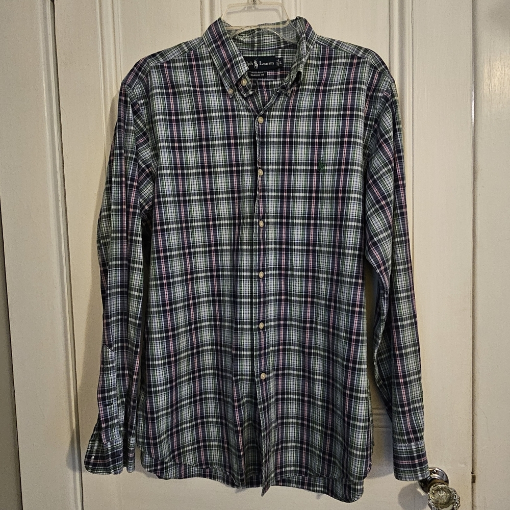 Ralph Lauren Men's Large Classic Fit Shirt Plaid Green Pink Spring Casual Preppy